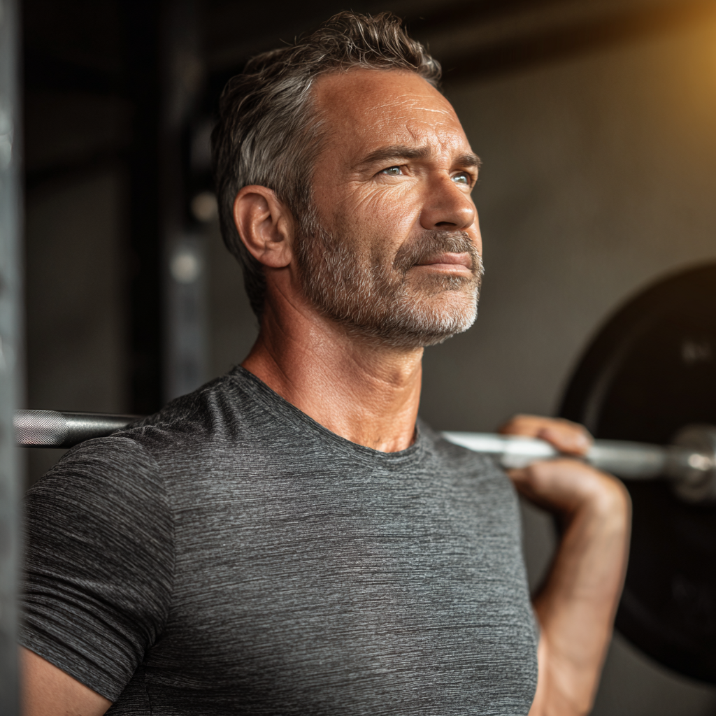 Confident middle-aged man during strength training session