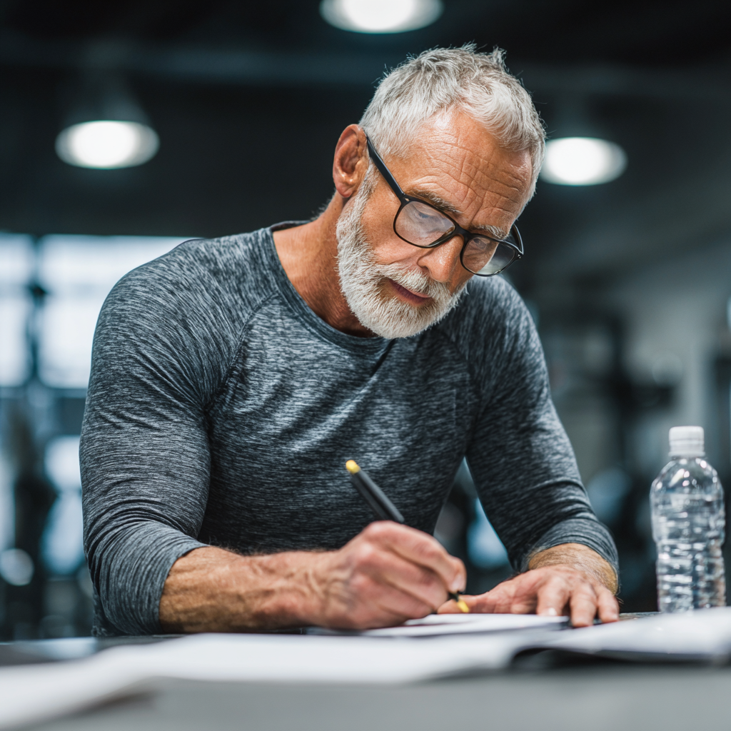 Focused older adult man during workout planning session