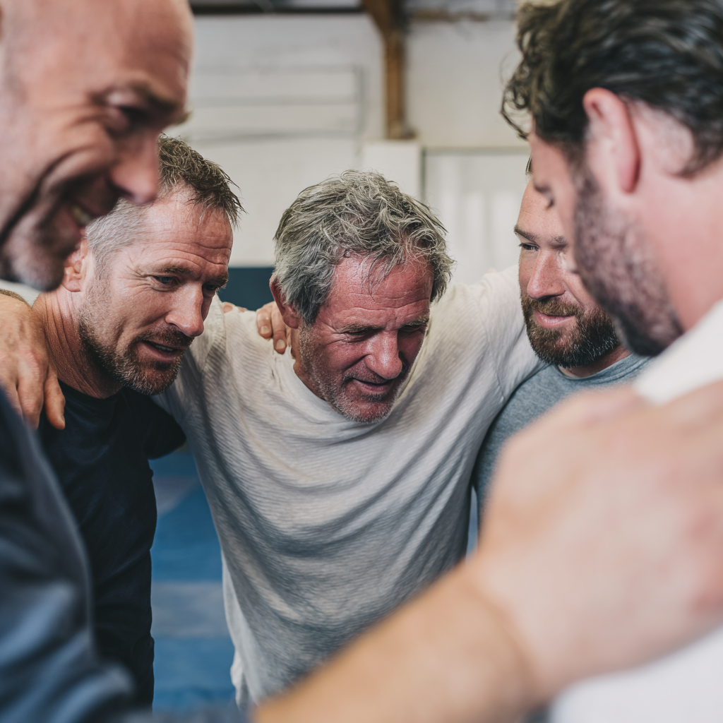 Group of middle-aged men supporting each other during training session